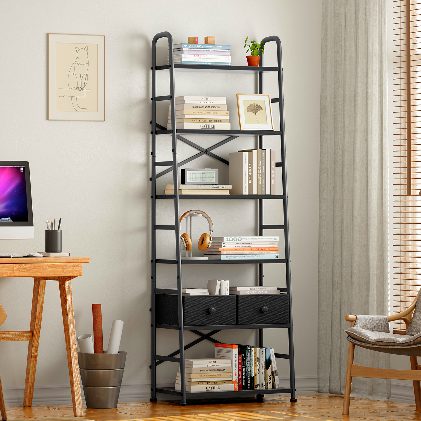 6 Tier Book Shelf, Ladder Bookcase with 2 Removable Drawers