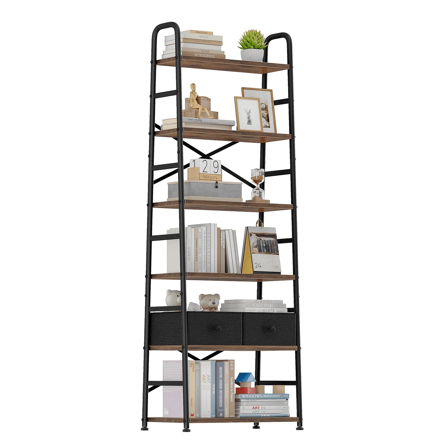 6 Tier Book Shelf, Ladder Bookcase with 2 Removable Drawers