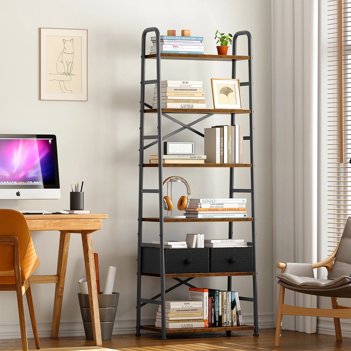 6 Tier Book Shelf, Ladder Bookcase with 2 Removable Drawers