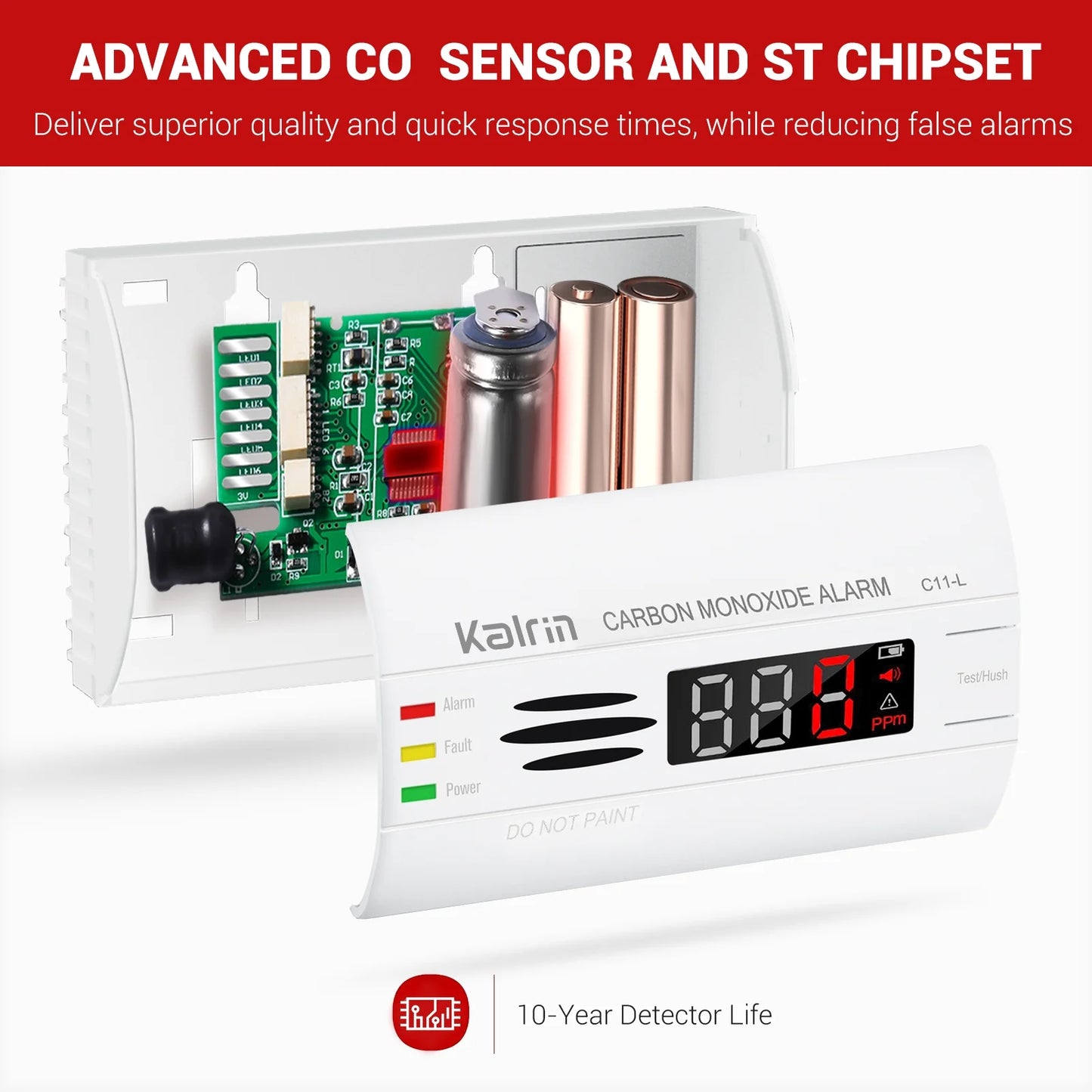 Carbon Monoxide Detector with 10 Year Life, LED Display CO Alarm Detector Built in 360° Precision Sensors