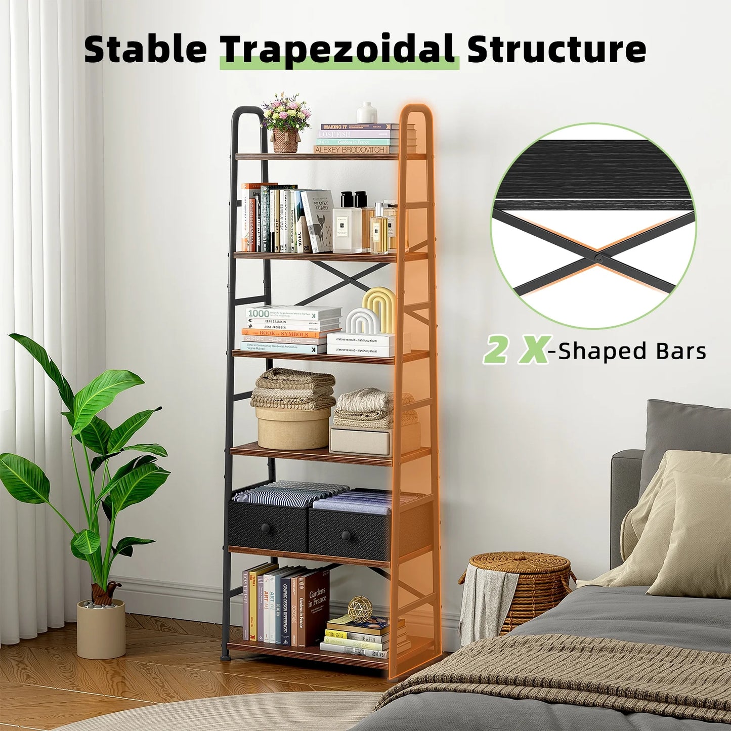 6 Tier Book Shelf, Ladder Bookcase with 2 Removable Drawers