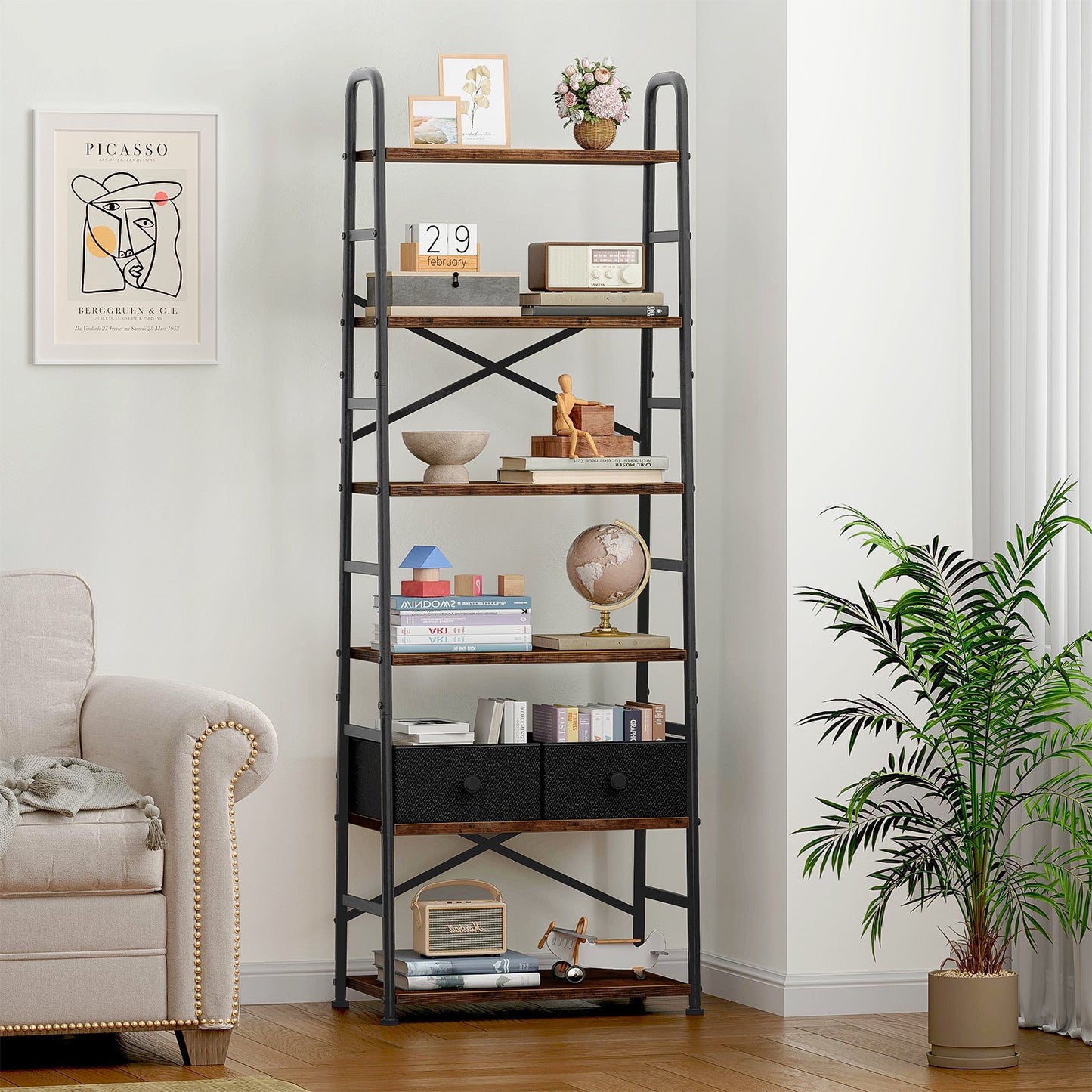 6 Tier Book Shelf, Ladder Bookcase with 2 Removable Drawers