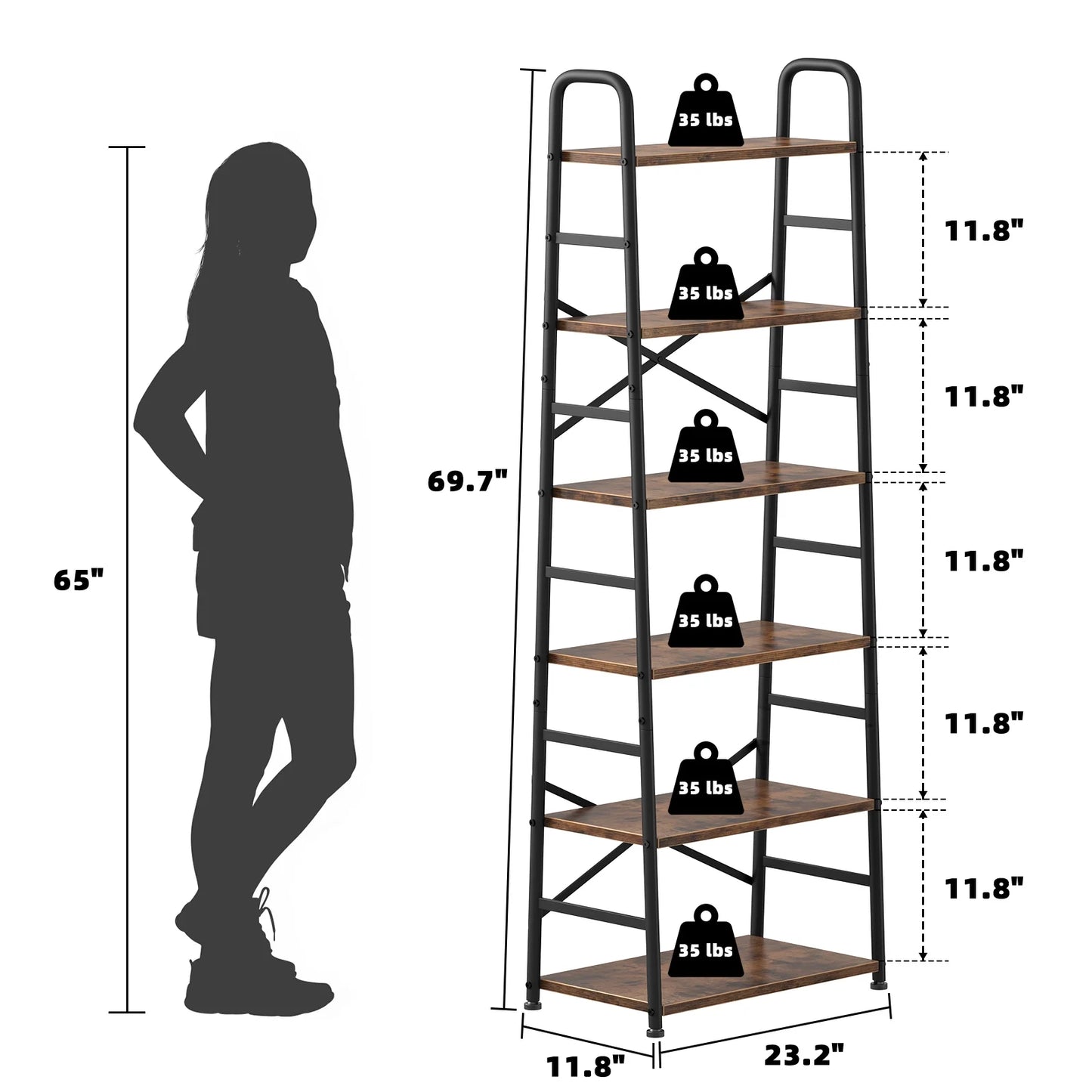 6 Tier Book Shelf, Ladder Bookcase with 2 Removable Drawers