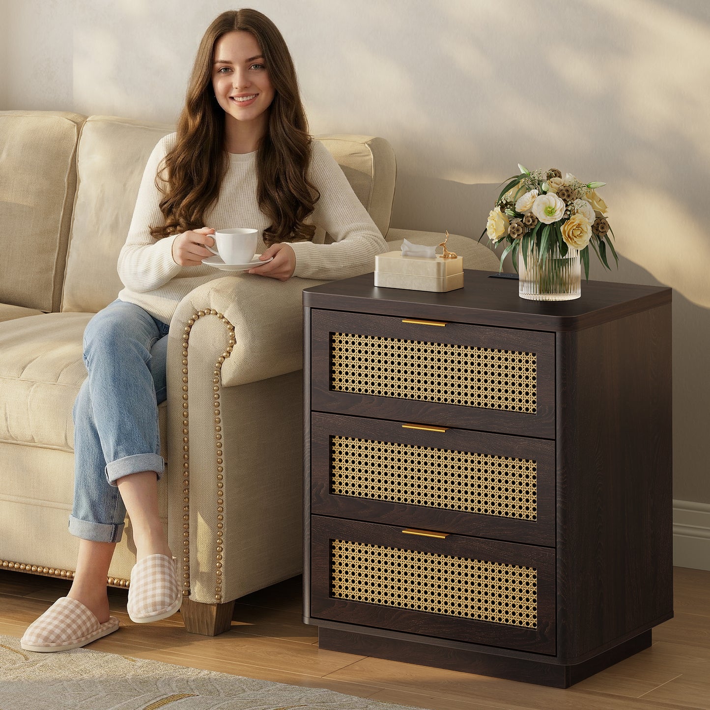 Kalrin Rattan Nightstands, Bedside Table - Larger Night Stand with Charging Station, 3 Drawers Storage, Boho Night Stands End Table for Bedroom Office