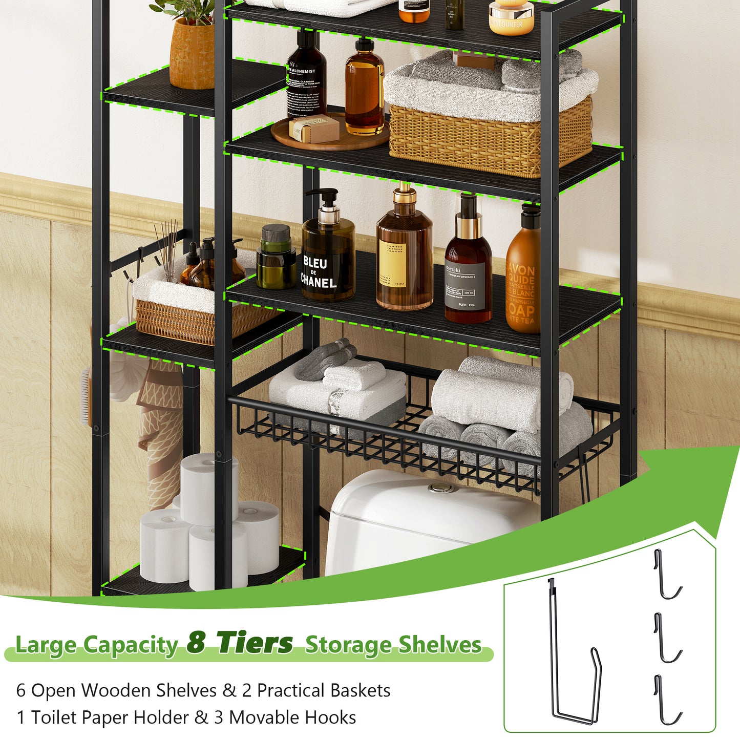 Toilet Storage Shelf, 8-Tier Wooden Bathroom Organizer Shelf Adjustable Saver Space Rack with Toilet Paper Holder, Classic Black