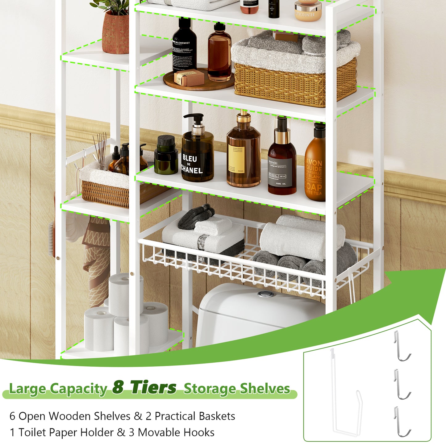 The Toilet Storage Shelf, 8-Tier Wooden Bathroom Organizer Shelf Adjustable Saver Space Rack with Toilet Paper Holder, White