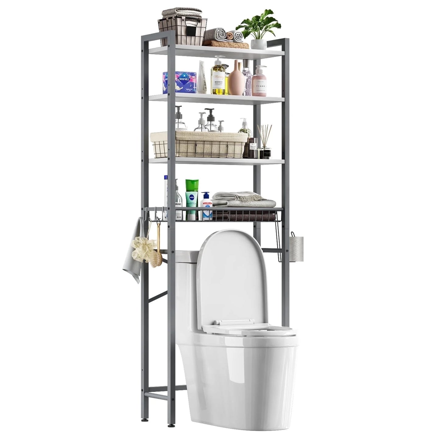Over The Toilet Storage Shelf, 4-Tier Wooden Bathroom Organizer Adjustable Saver Space Rack