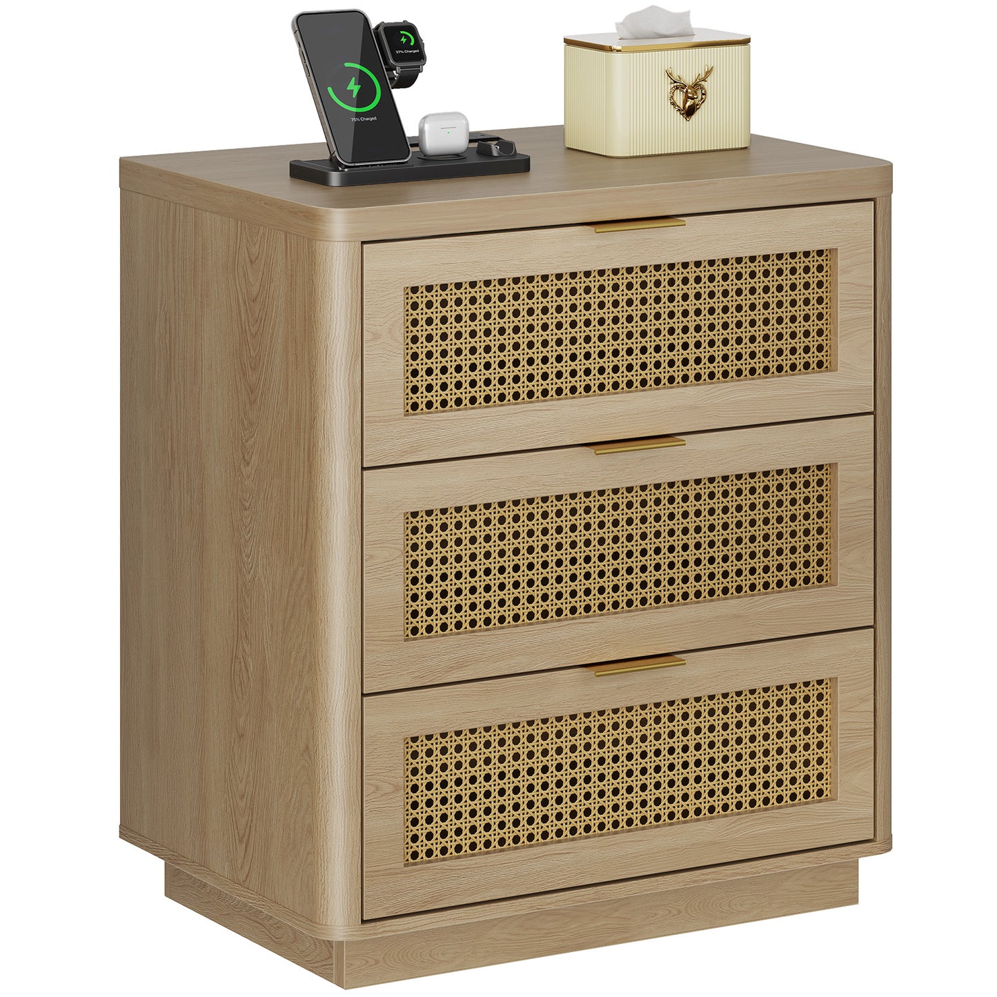 Kalrin Rattan Nightstands, Bedside Table - Larger Night Stand with Charging Station, 3 Drawers Storage, Boho Night Stands End Table for Bedroom Office