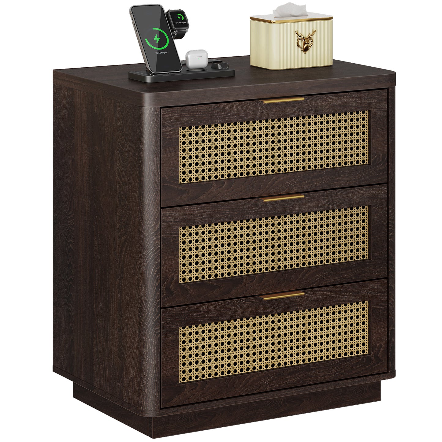 Kalrin Rattan Nightstands, Bedside Table - Larger Night Stand with Charging Station, 3 Drawers Storage, Boho Night Stands End Table for Bedroom Office