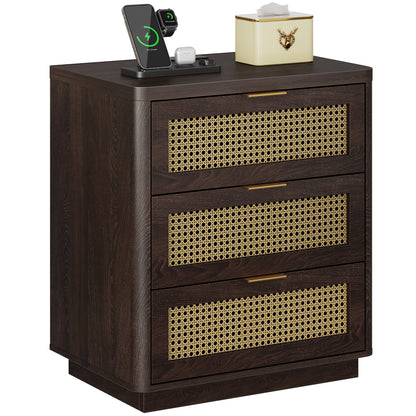 Kalrin Rattan Nightstands, Bedside Table - Larger Night Stand with Charging Station, 3 Drawers Storage, Boho Night Stands End Table for Bedroom Office