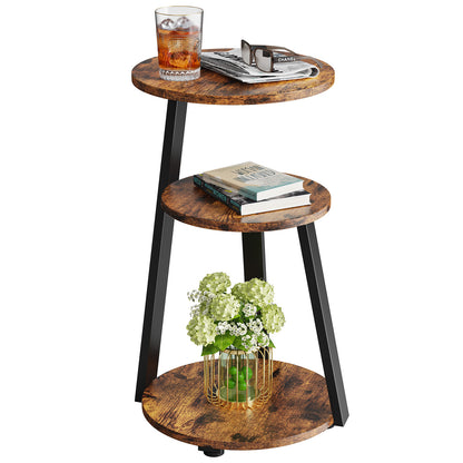 End Side Table, Round Sofa Table with Metal Frame, 3-Tier Coffee Table Nightstand for Home, Black&Brown