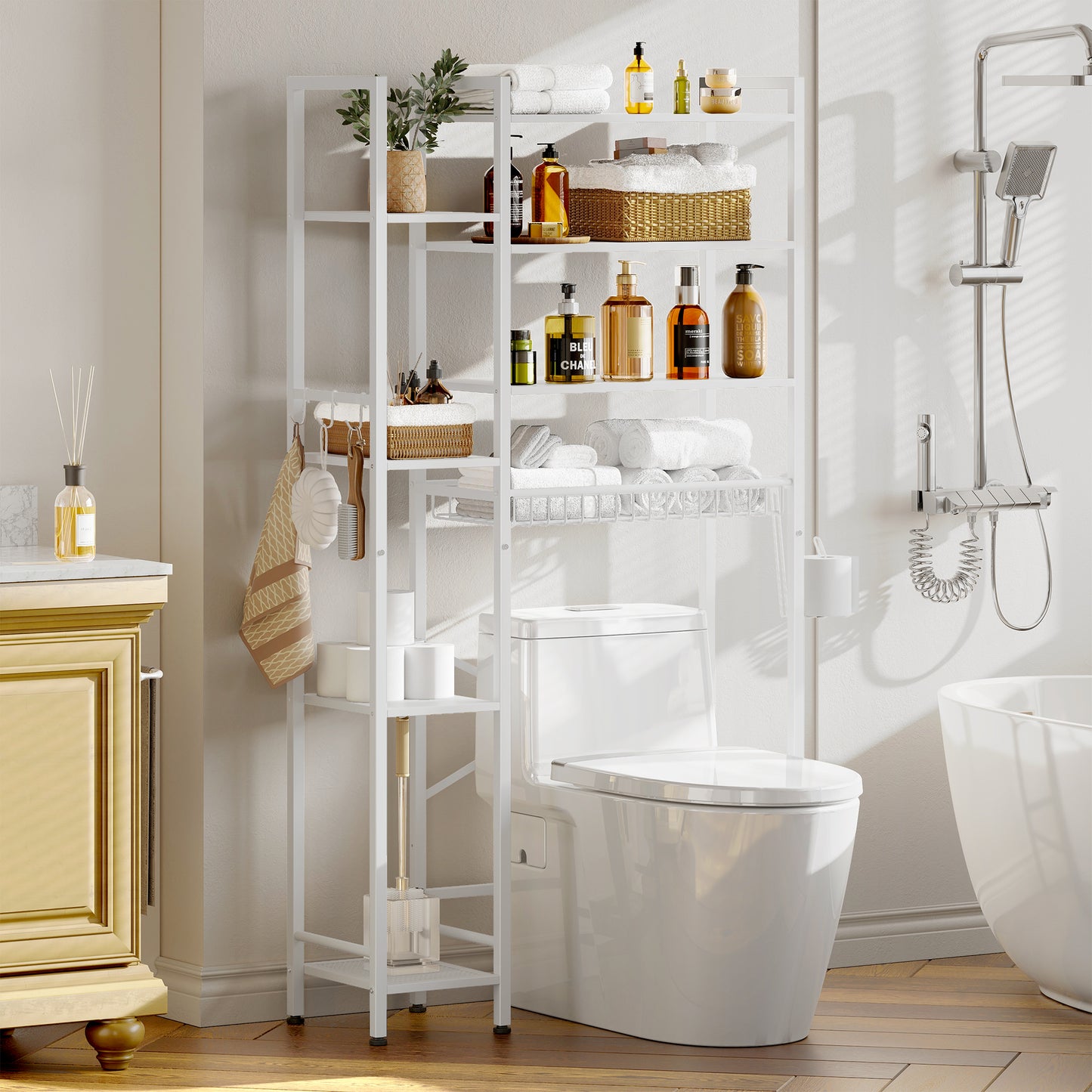 The Toilet Storage Shelf, 8-Tier Wooden Bathroom Organizer Shelf Adjustable Saver Space Rack with Toilet Paper Holder, White