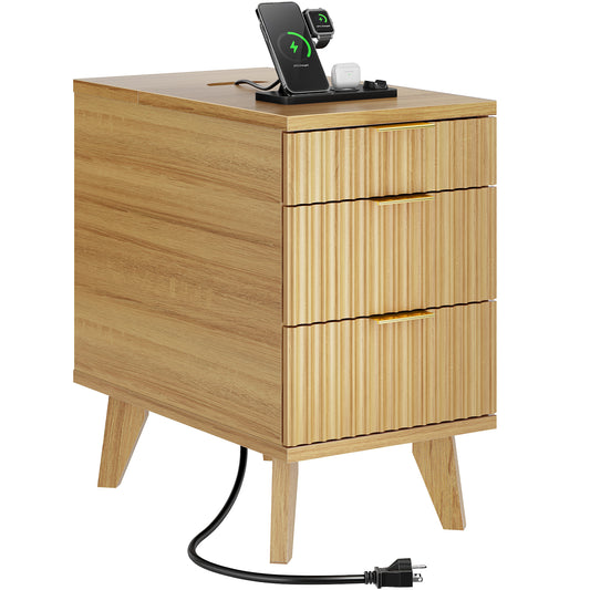 Charging Nightstand with Hidden Outlets & 3 Drawers, Modern End Table, with USB Ports, Wave Groove Design, Compact Size，Natural Wood