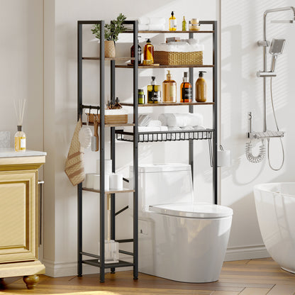 Toilet Storage Shelf, 8-Tier Wooden Bathroom Organizer Shelf Adjustable Saver Space Rack with Toilet Paper Holder, Brown