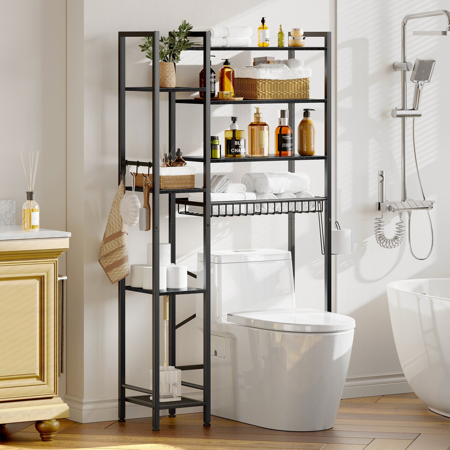 Toilet Storage Shelf, 8-Tier Wooden Bathroom Organizer Shelf Adjustable Saver Space Rack with Toilet Paper Holder, Classic Black
