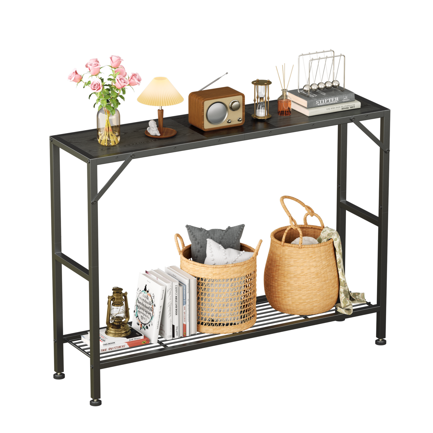 Narrow Console Table, 11.22" Entryway Table Hallway Table with Storage Shelves, Sofa Table for Living Room, Foyer, Oak Gray