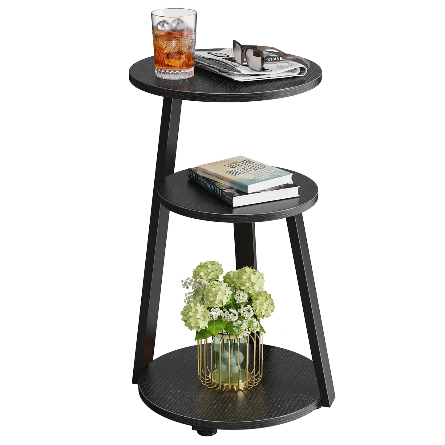 End Side Table, Round Sofa Table with Metal Frame, 3-Tier Coffee Table Nightstand for Home, Black