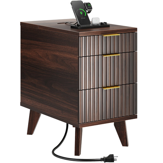Charging Nightstand with Hidden Outlets & 3 Drawers, Modern End Table, with USB Ports, Wave Groove Design, Compact Size，Vintage Brown