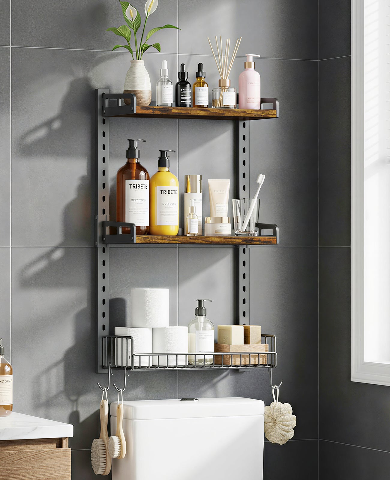 Kalrin 3 Tier Bathroom Shelves Over Toilet - Wall Mounted Floating Shelves with Drain Basket, Toilet Paper Storage, Height Adjustable Over The Toilet Storage, Vintage Brown