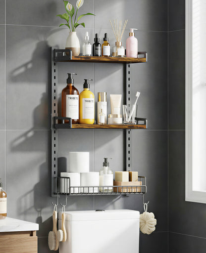 Kalrin 3 Tier Bathroom Shelves Over Toilet - Wall Mounted Floating Shelves with Drain Basket, Toilet Paper Storage, Height Adjustable Over The Toilet Storage, Vintage Brown