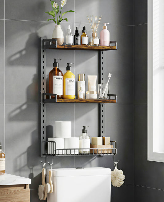 Kalrin 3 Tier Bathroom Shelves Over Toilet - Wall Mounted Floating Shelves with Drain Basket, Toilet Paper Storage, Height Adjustable Over The Toilet Storage, Vintage Brown