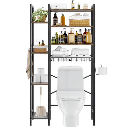 Toilet Storage Shelf, 8-Tier Wooden Bathroom Organizer Shelf Adjustable Saver Space Rack with Toilet Paper Holder, Brown