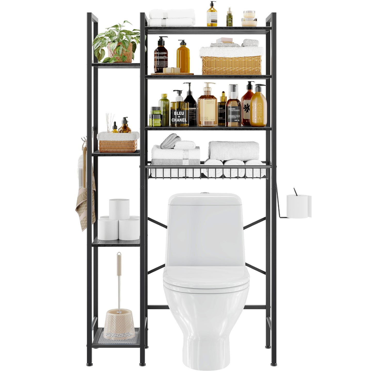 Toilet Storage Shelf, 8-Tier Wooden Bathroom Organizer Shelf Adjustable Saver Space Rack with Toilet Paper Holder, Classic Black