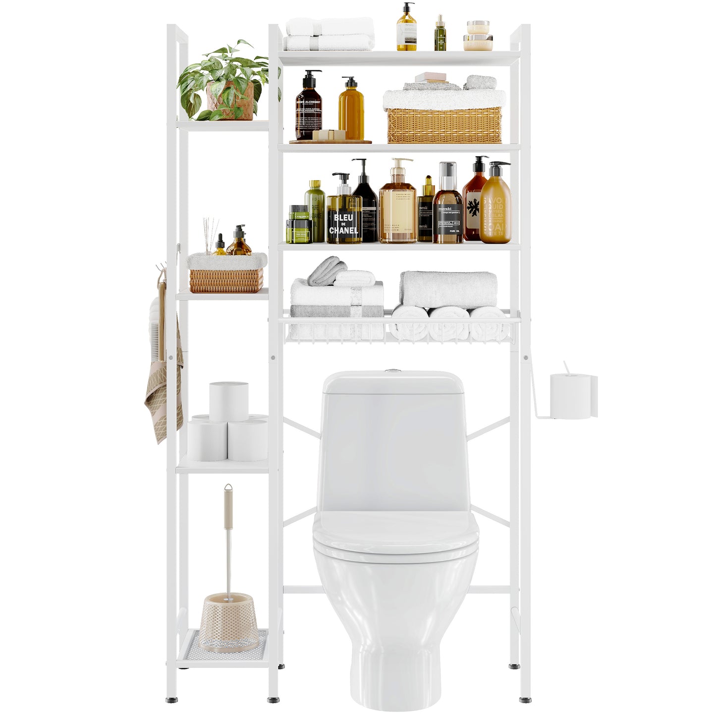 The Toilet Storage Shelf, 8-Tier Wooden Bathroom Organizer Shelf Adjustable Saver Space Rack with Toilet Paper Holder, White