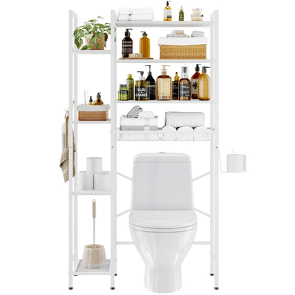 The Toilet Storage Shelf, 8-Tier Wooden Bathroom Organizer Shelf Adjustable Saver Space Rack with Toilet Paper Holder, White