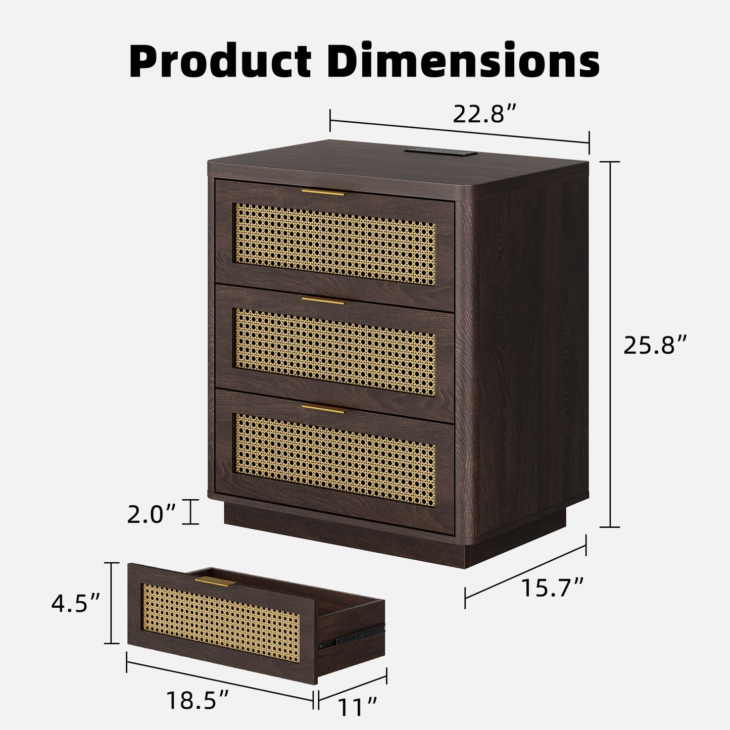 Kalrin Rattan Nightstands, Bedside Table - Larger Night Stand with Charging Station, 3 Drawers Storage, Boho Night Stands End Table for Bedroom Office