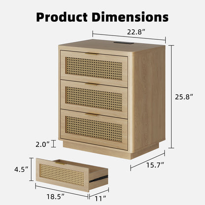 Kalrin Rattan Nightstands, Bedside Table - Larger Night Stand with Charging Station, 3 Drawers Storage, Boho Night Stands End Table for Bedroom Office