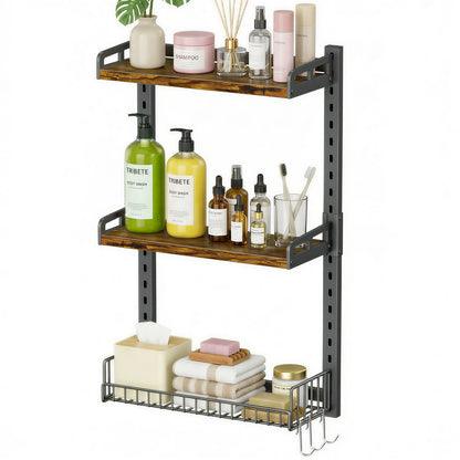 Kalrin 3 Tier Bathroom Shelves Over Toilet - Wall Mounted Floating Shelves with Drain Basket, Toilet Paper Storage, Height Adjustable Over The Toilet Storage, Vintage Brown