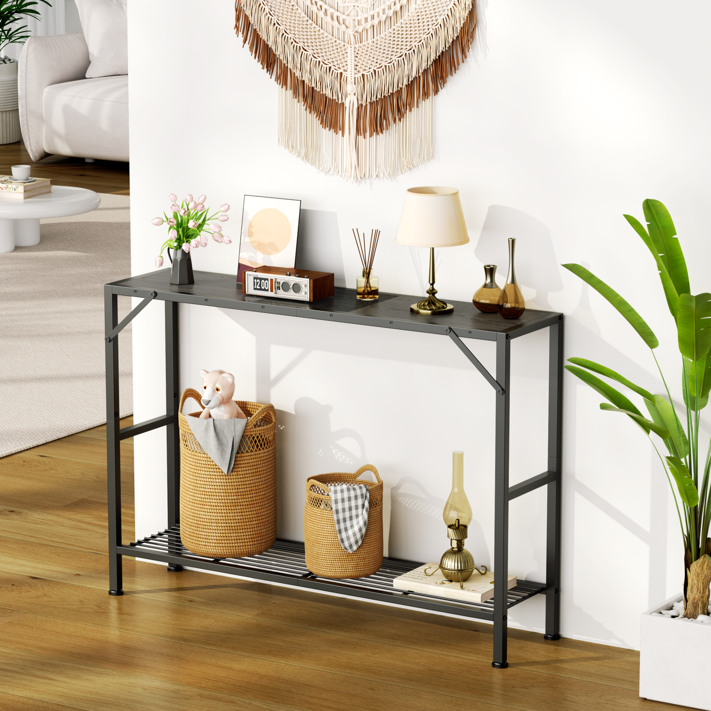 Narrow Console Table, 11.22" Entryway Table Hallway Table with Storage Shelves, Sofa Table for Living Room, Foyer, Oak Gray