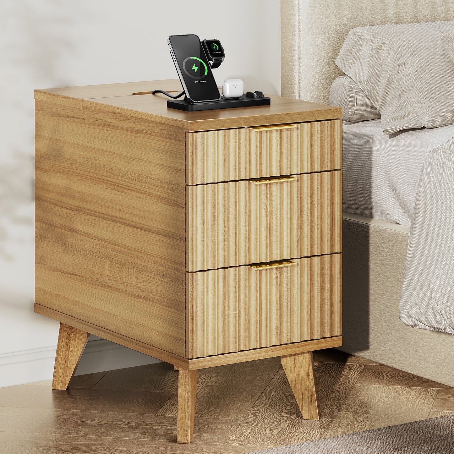 Charging Nightstand with Hidden Outlets & 3 Drawers, Modern End Table, with USB Ports, Wave Groove Design, Compact Size，Natural Wood