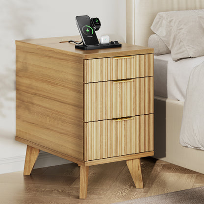 Charging Nightstand with Hidden Outlets & 3 Drawers, Modern End Table, with USB Ports, Wave Groove Design, Compact Size，Natural Wood