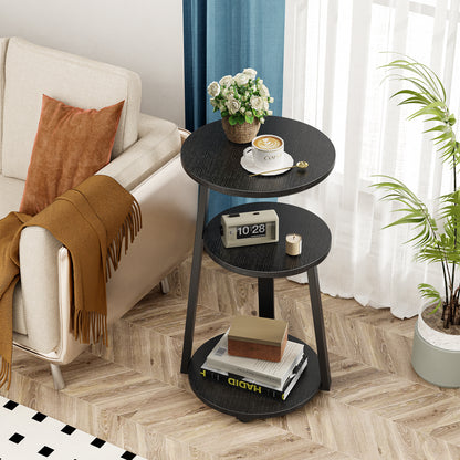 End Side Table, Round Sofa Table with Metal Frame, 3-Tier Coffee Table Nightstand for Home, Black