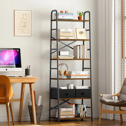 6 Tier Book Shelf, Ladder Bookcase with 2 Removable Drawers