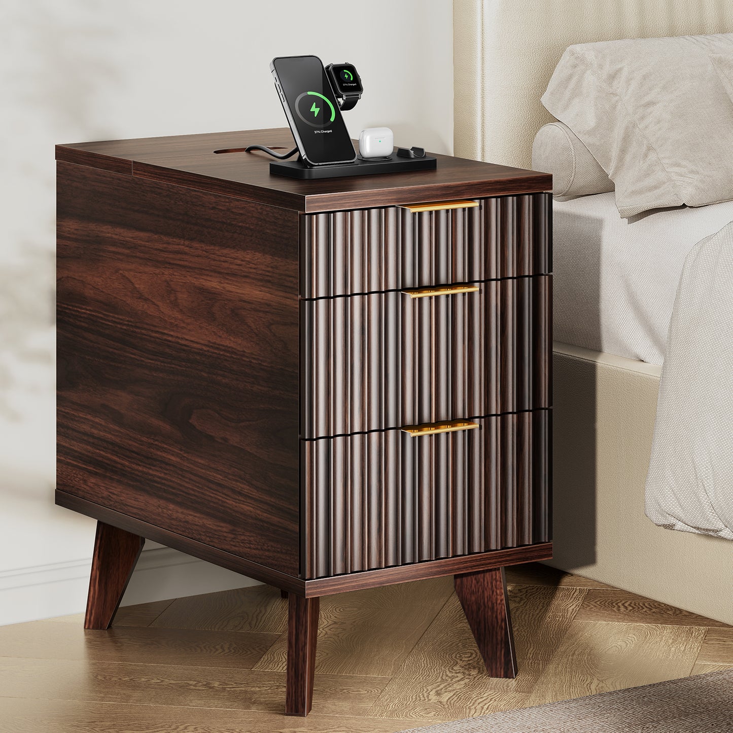 Charging Nightstand with Hidden Outlets & 3 Drawers, Modern End Table, with USB Ports, Wave Groove Design, Compact Size，Vintage Brown