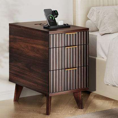 Charging Nightstand with Hidden Outlets & 3 Drawers, Modern End Table, with USB Ports, Wave Groove Design, Compact Size，Vintage Brown