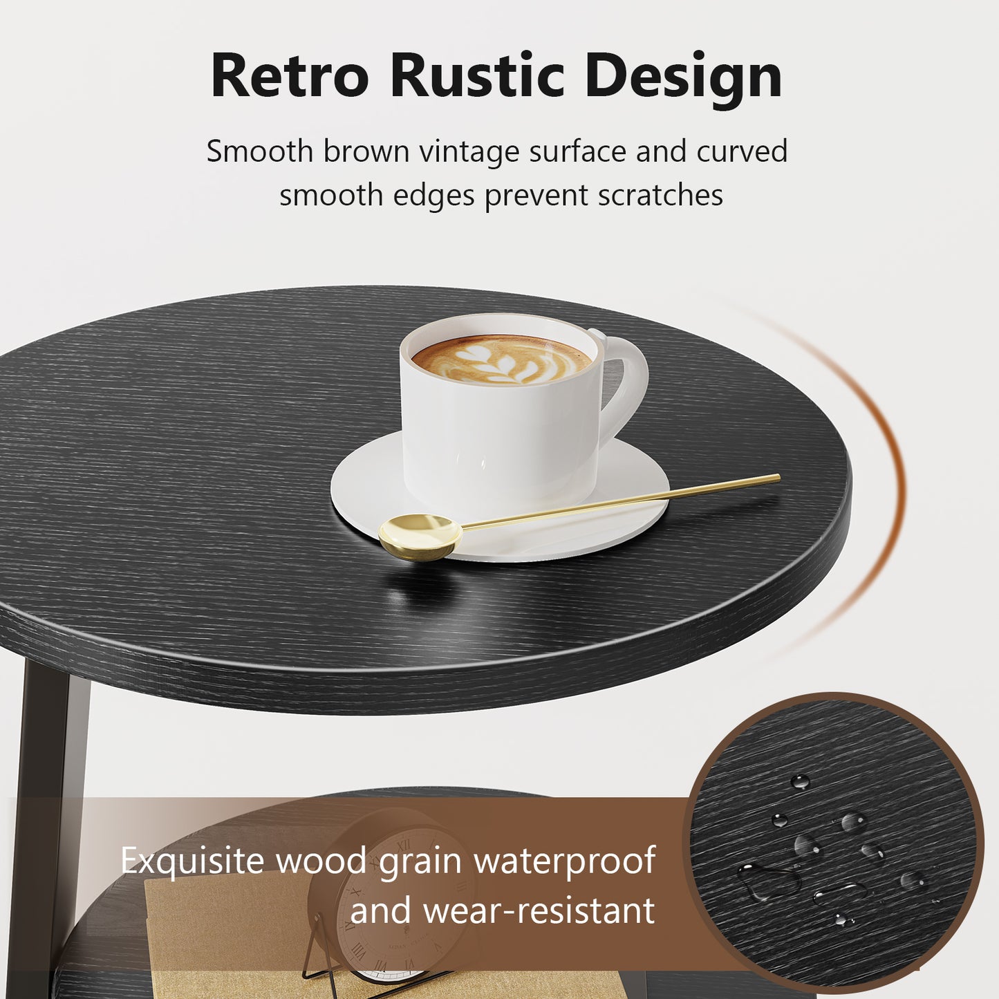 End Side Table, Round Sofa Table with Metal Frame, 3-Tier Coffee Table Nightstand for Home, Black