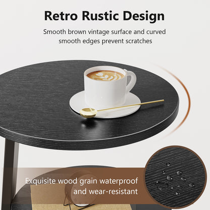 End Side Table, Round Sofa Table with Metal Frame, 3-Tier Coffee Table Nightstand for Home, Black