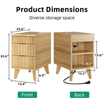 Charging Nightstand with Hidden Outlets & 3 Drawers, Modern End Table, with USB Ports, Wave Groove Design, Compact Size，Natural Wood