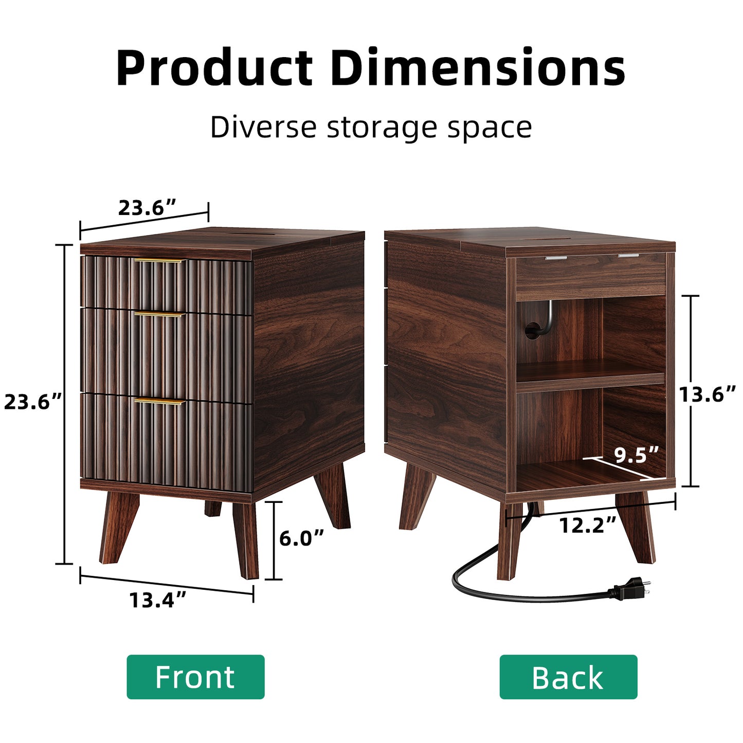 Charging Nightstand with Hidden Outlets & 3 Drawers, Modern End Table, with USB Ports, Wave Groove Design, Compact Size，Vintage Brown