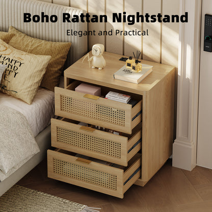 Kalrin Rattan Nightstands, Bedside Table - Larger Night Stand with Charging Station, 3 Drawers Storage, Boho Night Stands End Table for Bedroom Office