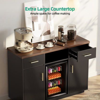 Kalrin Coffee Bar Cabinet Large with Fridge Storage, Mini Fridge Bar Cabinet with Adjustable Shelf, Wine Storage Buffet Sideboard Table for Home Bar, Built-in Charging Station, Modern Design
