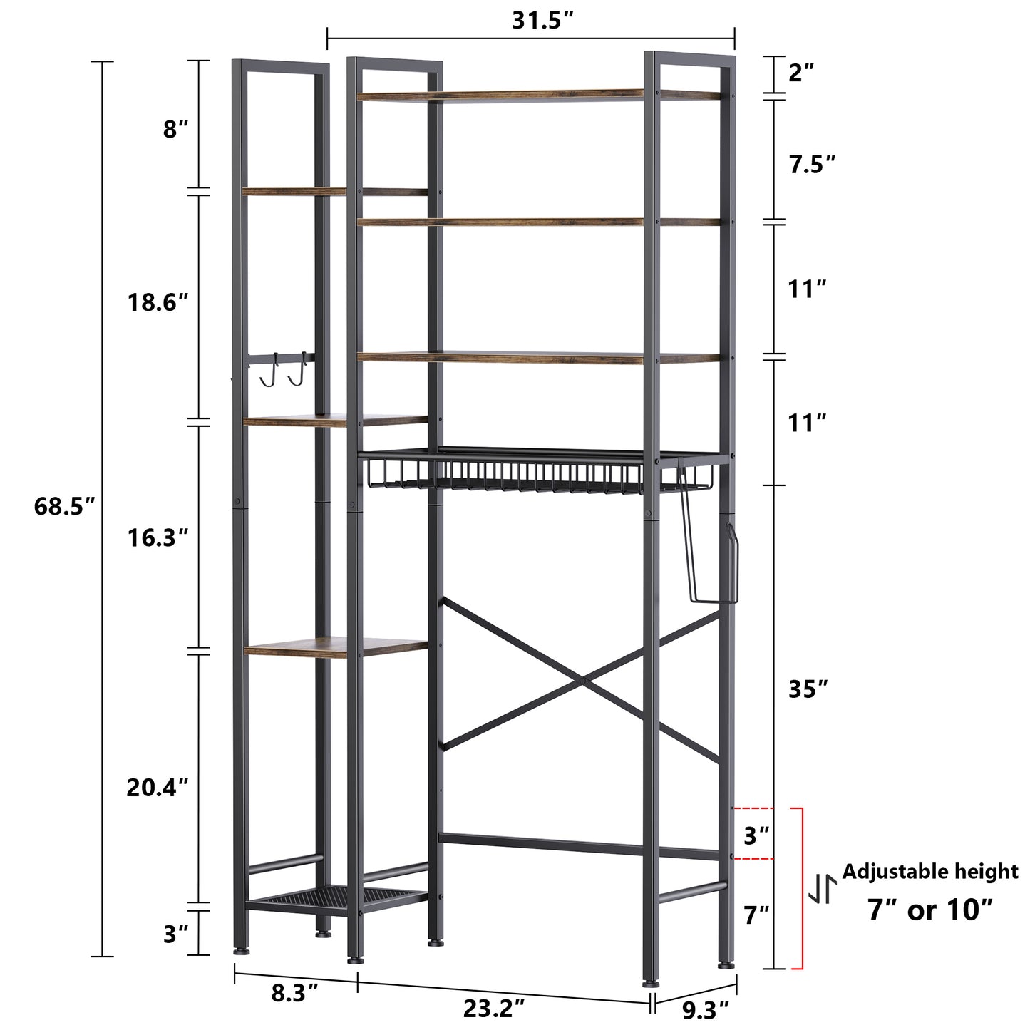 Toilet Storage Shelf, 8-Tier Wooden Bathroom Organizer Shelf Adjustable Saver Space Rack with Toilet Paper Holder, Brown