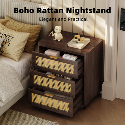Kalrin Rattan Nightstands, Bedside Table - Larger Night Stand with Charging Station, 3 Drawers Storage, Boho Night Stands End Table for Bedroom Office