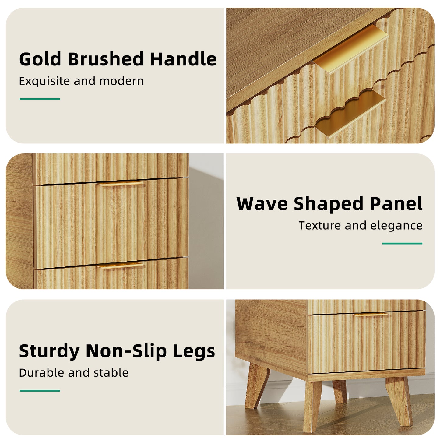 Charging Nightstand with Hidden Outlets & 3 Drawers, Modern End Table, with USB Ports, Wave Groove Design, Compact Size，Natural Wood