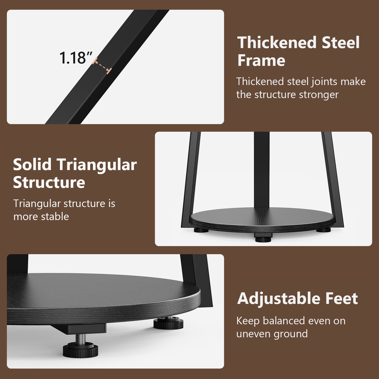 End Side Table, Round Sofa Table with Metal Frame, 3-Tier Coffee Table Nightstand for Home, Black