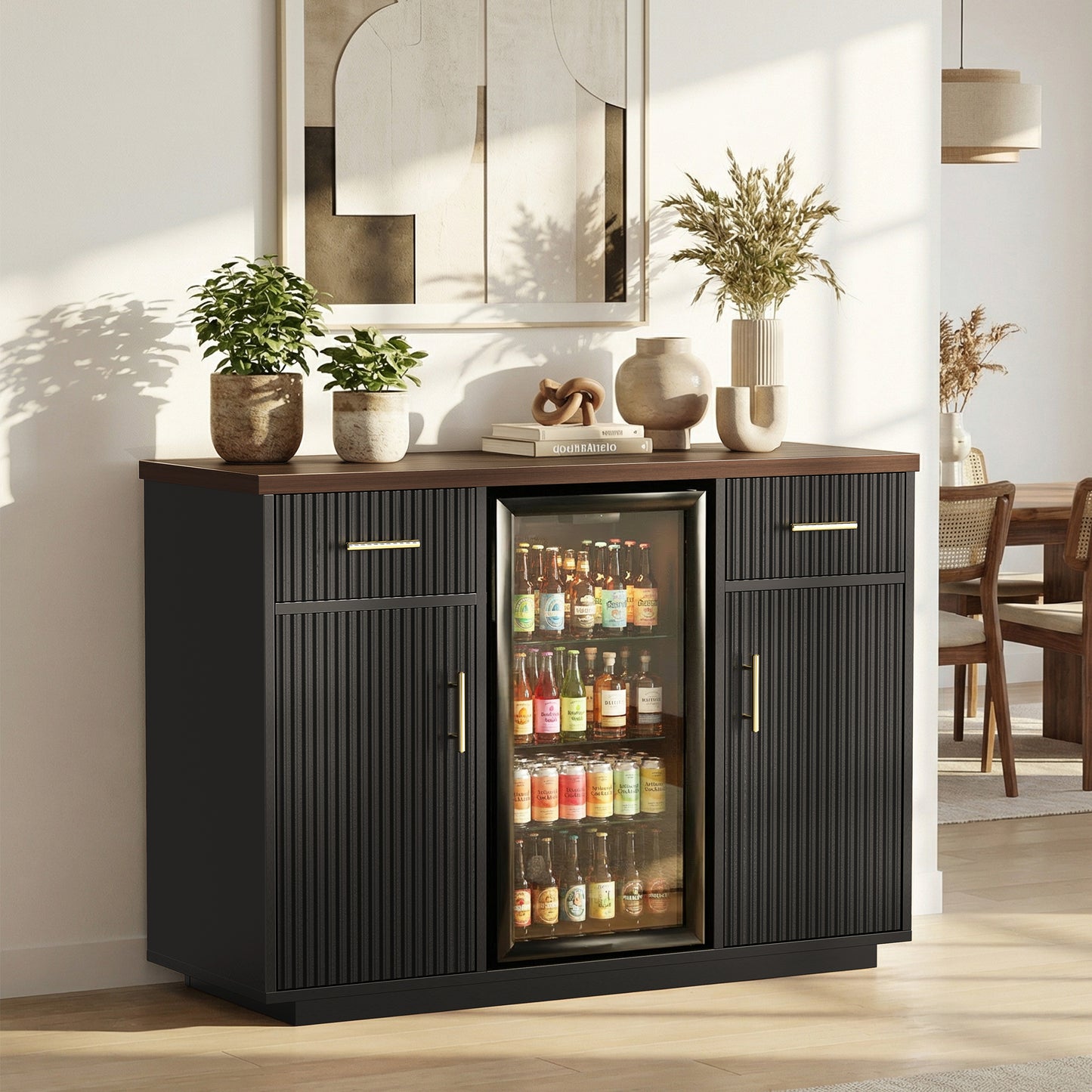 Kalrin Coffee Bar Cabinet Large with Fridge Storage, Mini Fridge Bar Cabinet with Adjustable Shelf, Wine Storage Buffet Sideboard Table for Home Bar, Built-in Charging Station, Modern Design
